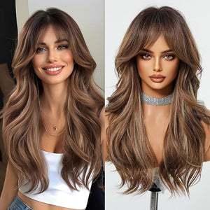 Haoland Long Brown Wigs for Women 26 Inch Long Wavy Wigs Natural Synthetic Hair Wavy Wig With Bang for Daily Party Use