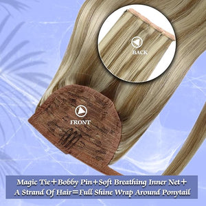 Full Shine Ponytail Clip Brown Highlight Platinum Blonde Ponytail Hair Real Hair Extensions 18 Inch 80g