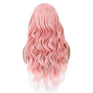 SWACC Long Curly Wavy Wig with Bangs Synthetic Hair Wig for Women with Wig Cap (Pink Ombre)