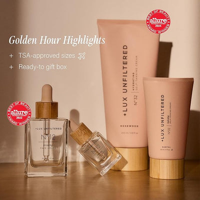 + Lux Unfiltered Mini Golden Hour Set - Includes N¡Æ32 Gradual Self Tanner in Santal 1.7 fl oz &amp; N¡Æ12 Face Tanning Drops 0.27 fl oz - Travel Size Self Tanner - Vegan &amp; Cruelty Free