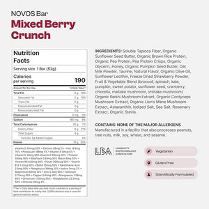 Novos Longevity Protein Bar - Mixed Berry Crunch - 15g Protein 5 Longevity supplements 20 Superfoods Organic Olive Oil Seed Oil Free Targets Causes of Aging Skin Mind and Mood Support 12-Pack