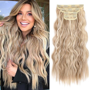 REECHO Hair Extensions 20 Inch 4PCS Synthetic Fiber Clip in Hair Extensions Natural Soft Hairpieces for Women Dark Blonde with Highlights