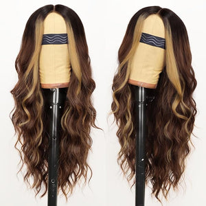AISI HAIR Brown Highlight Wig for Women Long Wavy Lace Hairline Middle Part Synthetic Heat Resistant Wig for Daily Party-26 Inch