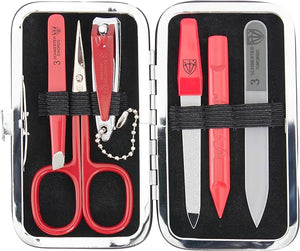 3 Swords Germany - Brand Quality 6 Piece Manicure Pedicure Grooming kit Set - Scissors Metal and Glass Nail File Clipper Tweezers with Synthetic Leather case - red/red Tools