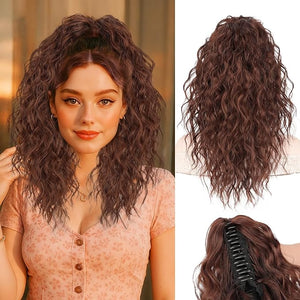 Stamped Glorious Ponytail Extension 18 Curly Wavy Pony Tail Claw Multi Layered Clip on Ponytail Extension Fluffy Natural Looking Synthetic Hair Piece for Women(Omber Almand Brown)