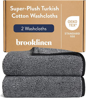Brooklinen Super-Plush Turkish Cotton Washcloths - Set of 2 - Cotton 820 GSM Highly Absorbent Machine Washable Perfect for Home &amp Bathroom (13 x 13 Marled Black)