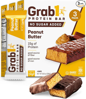 Grab1 Sugar Free Protein Bars Peanut Butter (3 Pack- 12 Bars) | 7g Fiber | Delicious and Nutritious | Low Calorie | Zero Sugar