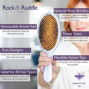Rock &amp; Ruddle Natural Mixed Boar Bristle Hair Brush for Women and Kids (Large, 21cm) - Perfect for Wet or Dry Hair, Detangling Smoothing Blowdrying - Designed &amp; Made in UK - Zebra Print Design