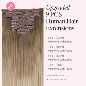 GOO GOO Clip in Hair Extensions Real Human Hair Remy Human Hair Extensions Clip ins for Women Natural Human Hair 22inch 150g 9 Pcs #9/18J/60 Chocolate Brown to Champagne Blonde Balayage