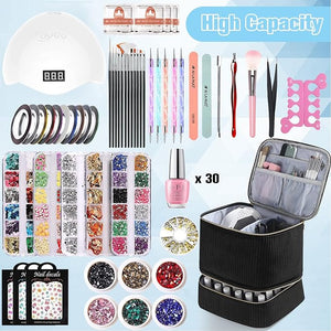 Corduroy Nail Polish Organizer and Nail Lamp Case, Nail Kit Organizer Holds 30 Bottles (15ml - 0.5 fl.oz) and a Nail Lamp, Nail Polish Carrying Case with Manicure Tools Storage Sections (Black)