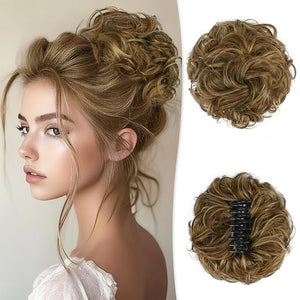 RUWISS Large Messy Bun Hair Piece with Claw Clip Human Hair Bun Wavy Curly Chignon Hair Bun Extensions Updo Hair Pieces for Women Claw Clip Ponytail for Women Brown with Warm Blonde Highlights