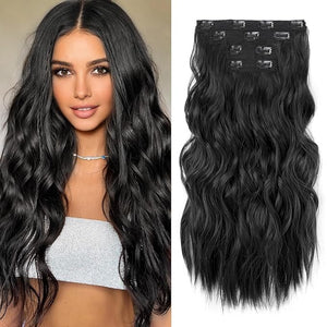 REECHO Hair Extensions 4PCS Clip in Hair Extensions 24 Thick Long Beach Waves Black hair extensions HE003 Invisible Lace Weft Natural Soft Synthetic Hairpieces for Women ? Black