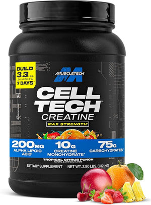 MuscleTech Creatine Monohydrate Powder - Cell-Tech Creatine Powder Post Workout Recovery Drink Muscle Builder &amp Musclebuilding Supplement - Tropical Citrus Punch 3 lbs (27 Serv) - Packaging May