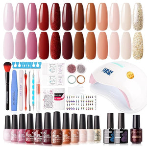 Gellen Gel Nail Polish Kit with U V LED Light 72W Nail Dryer, Fall Winter Red Burgundy Nude Pink Gel Polish Kit 12 Colors, No Wipe Top Base Coat, Nail Art Decorations, Manicure Tools