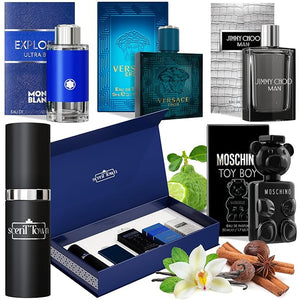 Mens Cologne Gift Sets Bundle Mini Bottle ? Designer Mens Cologne Sampler Sets with Refillable Atomizer ? Box Includes Versace Moschino Mont Blanc Jimmy Choo Travel Size (0.17 Oz Each)