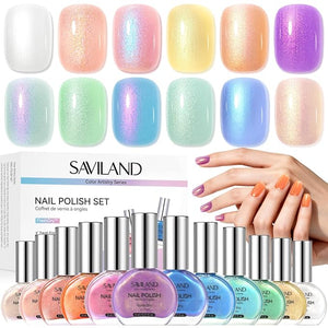 SAVILAND Nail Polish Set: Quick Dry Nail Polish 12-Free Colors Glitter Nails Polish Mermaid Pearl Winter Christmas Top Coat Polish for Women Girls Clean Nails Nail Art DIY Home Gift