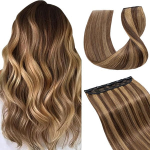 Hairro Clip in Hair Extensions 100% Human Hair Medium Brown Mix Dark Blonde Thin Clip on Remy Human Hairpieces 10 Inch Short Straight Standard Weft One Piece 5 Clips 40g for Women #4/27