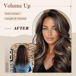 Orange Highlight Wig Long Wavy Layered Wig with Curtain Bangs for Black White Women Natural Black Mixd Hightlight Honey Brown Long Orange Layered Synthetic Natural Body Wave Butterfly Hair for Women