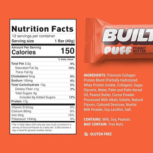 Built Bar Puff Protein Bars Peanut Butter Puff 17g Protein Snacks On-The-Go Bars Only 150 Calories 6g Sugar Collagen Gluten Free 12 Count