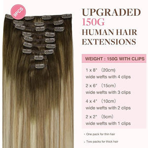 GOO GOO Clip in Hair Extensions Real Human Hair Remy Human Hair Extensions Clip ins for Women Natural Human Hair 20inch 150g 9Pcs 3/8/613 Balayage Walnut Brown to Ash Brown and Bleach Blonde