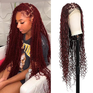 Kalyss HD Full Lace Boho Braided Wigs for Women 360 Lace Front Twist Braided Wigs with Baby Hair Burgundy Red Premium Synthetic Knotless Braid Wig 36