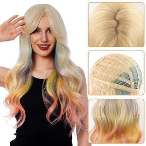 28in Women Rainbow Color Long Hair Wavy Wigs, White Blonde Ombre Blue Purple Pink Curly Synthetic Wig Realistic Cosplay Party(Multicolor)