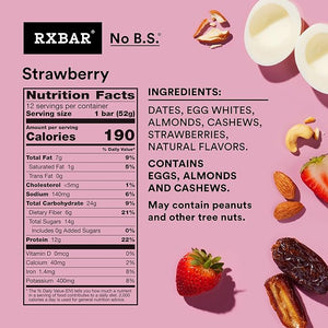 RXBAR Protein Bars 12g Protein Gluten Free Snacks Strawberry 22oz Box (12 Bars)