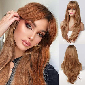 Honygebia Ginger Wig with Bangs - Auburn Wigs for Women Copper Red Long Straight Layered Hair Light Honey Blonde Dark Roots Natural Synthetic Heat Resistant Wigs for Halloween/Christmas/Party