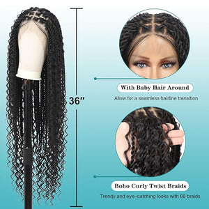Kalyss HD Full Lace Boho Braided Wigs for Women 360 Lace Front Twist Braided Wigs with Baby Hair Black Premium Synthetic Knotless Braid Wig 36