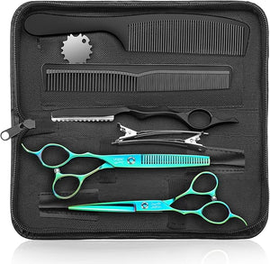 JASON Left Handed Hair Scissors - 10 Pcs Hair Scissors Set 6 Inch Thinning Shears for Hairs Cutting with 28 Teeth Professional Straight Shear for Men &amp Women Barber Set for Home Salon Green