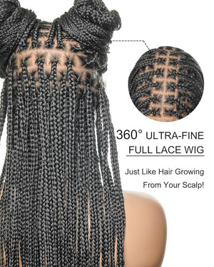 Pre-Bleached Human Hair Lace Base HD Full Lace Knotless Box Braided Wig - Swiss Lace Lightweight with Human Baby Hair 36 inches 100 Strands Black 1B