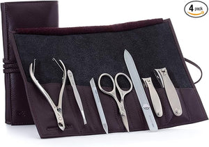 GERMANIKURE 7pc Manicure Set in Dark Purple Leather Case - FINOX Stainless Steel Tools Made in Germany, Glass Nail Care Supplies Made in Czech Republic ? Professional Cuticle and Nail Care Kit