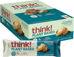 think! Vegan/Plant Based High Protein Bars - Peanut Butter Chocolate Chip, 13g Protein, 5g Sugar, No Artificial Sweeteners, Non GMO Project Verified, 10 Count (Packaging May Vary)