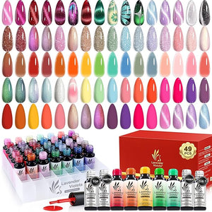 Lavender Violets 49 PCS Gel Nail Polish Set 45 Colors Cat Eye Reflective Glitter Gel Polish with Nail Primer Base Coat Glossy &amp Matte Top Coat Jelly Nude Red Brown Gifts for Women