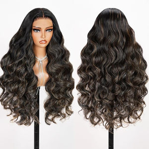 TESLAL Balayage Wear and Go Glueless Wig Pre Cut HD Lace 6X6 Lace Wig 22 Inch 260% Density 1B/27 Highlight Body Wave Human Hair Blend Premium Fiber Wigs By Crafted Technology