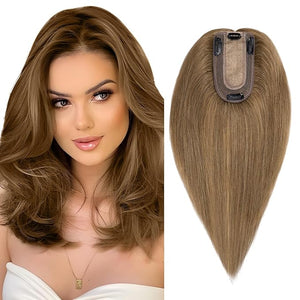 SEGO Real Human Hair Topper for Women No Bangs Hair Topper with Anti-Slip Clips (18 Inches Light Brown)