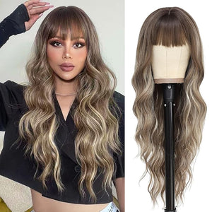 NAYOO Brown Wigs with Bangs for Women Long Curly Wavy Hair Wigs Heat Resistant Synthetic Fiber Wigs for Daily Party Use 26 Inches (Medium Brown Mixed Blonde)