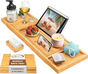 Home It Premium Foldable Bathtub Tray - Bamboo Waterproof Bath Tray for tub Caddy - Wooden Holder for Wine Book Soap Phone Luxury Gift for Men &amp Women - Expandable Fits Most Tubs in Bathroom