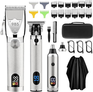 Professional Hair Clippers for Men Electric Cordless Clippers and Trimmers Set Nose Hair Beard Trimmer Hair Cutting Barber Clippers with Guards T Liners Edgers Clippers for Mens (Silver)