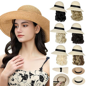 Sun Hat Straw Hat Wig Detachable Adjustable Cap with 12 Inch Synthetic Wavy Hair Extensions Foldable for Women Summer Beach Outdoors Dark Black