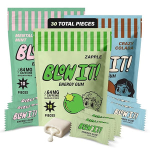Blow It Gum - Caffeinated Xylitol Gum - Intensified Energy and Focus Boost Effect - Variety Pack in Mental Mint, Crazy Colada and Zapple Flavor - 3-Pack (30 Pieces)