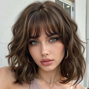 AISI HAIR Curly Bob Wig with Bangs Short Wavy Warm Medium Brown with Golden Highlights. Color Wigs for Women Bob Style Synthetic Heat Resistant Bob Wigs
