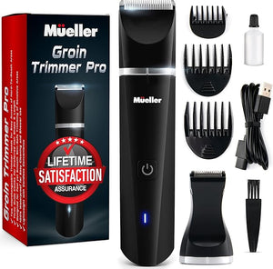 Mueller Groinscaper Pro Hair Trimmer 5.0 Replaceable SkinSaver Ceramic Blade Heads Waterproof Wet/Dry Clippers Rechargeable Wireless Charging Ultimate Male Hygiene Razor