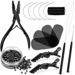 NEWISHTOOL Hair Extension Tool Kit - Silicone Micro Beads Stainless Steel Beads Plier Metal Bead Threader and Needle Pulling Hook for Beading Hair Extensions Girls Cosplay Party Hair Styling Tool