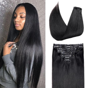 Seamless Clip In Hair Extensions Real Human Hair Straight 8Pcs 120g Hair Extensions Clip In Brazilian Human Hair Extensions PU Skin Weft with 18Clips 22inch Natural Black