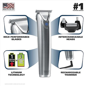 Wahl USA Stainless Steel Lithium Ion 2.0+ Beard Trimmer for Men - Electric Shaver &amp Nose Ear Trimmer - Rechargeable All in One Men's Grooming Kit - Model 9864SS