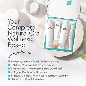 ORL Natural 60-Day Oral Care Kit Includes 1 Toothpaste, 2 Mouthwashes, 2 Breath Sprays, 2 Toothbrushes, 1 Floss. Eco-Friendly, Fluoride-Free, Vegan, Gluten-Free and Non-Toxic. Fresh Mint