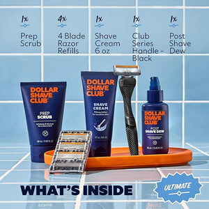 Dollar Shave Club | Ultimate Shave Set | 4 Extra Close Refill Cartridges 1 Handle 1 Prep Scrub 3 ounce 1 Shave Cream 6 ounce 1 Post Shave Dew 3.4 ounce