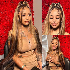 Metamuclia Honey Blonde 13X4 HD Lace Front Wig Human Hair Highlight Straight Lace Frontal Wigs Human Hair Pre Plucked 26 Inch 180 Density Ombre Wigs for Women P4/27 Colored Glueless Wig with Baby Hair