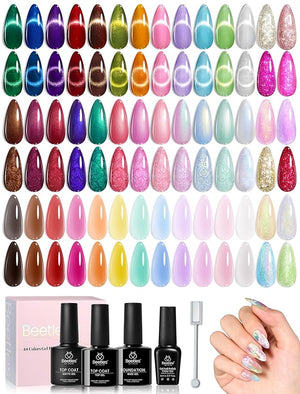 Beetles Winter Gel Polish Set Cat Eye Gel Nail Polish 48 Colors Red Green Brown Blue Nude Pink Jelly Glitter Shell Shread Salon DIY at Home UV LED Needed Gifts for Women Vivid Moments